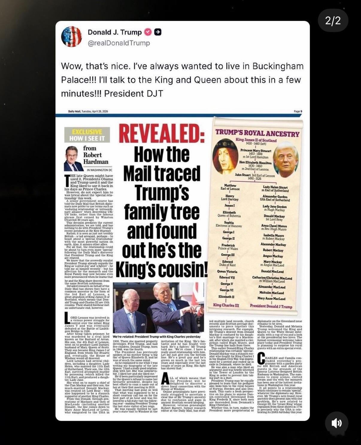 ‼️特朗普被每日邮报确认为与英国国王查尔斯留着相同的皇室血脉。特朗普本人很高兴，