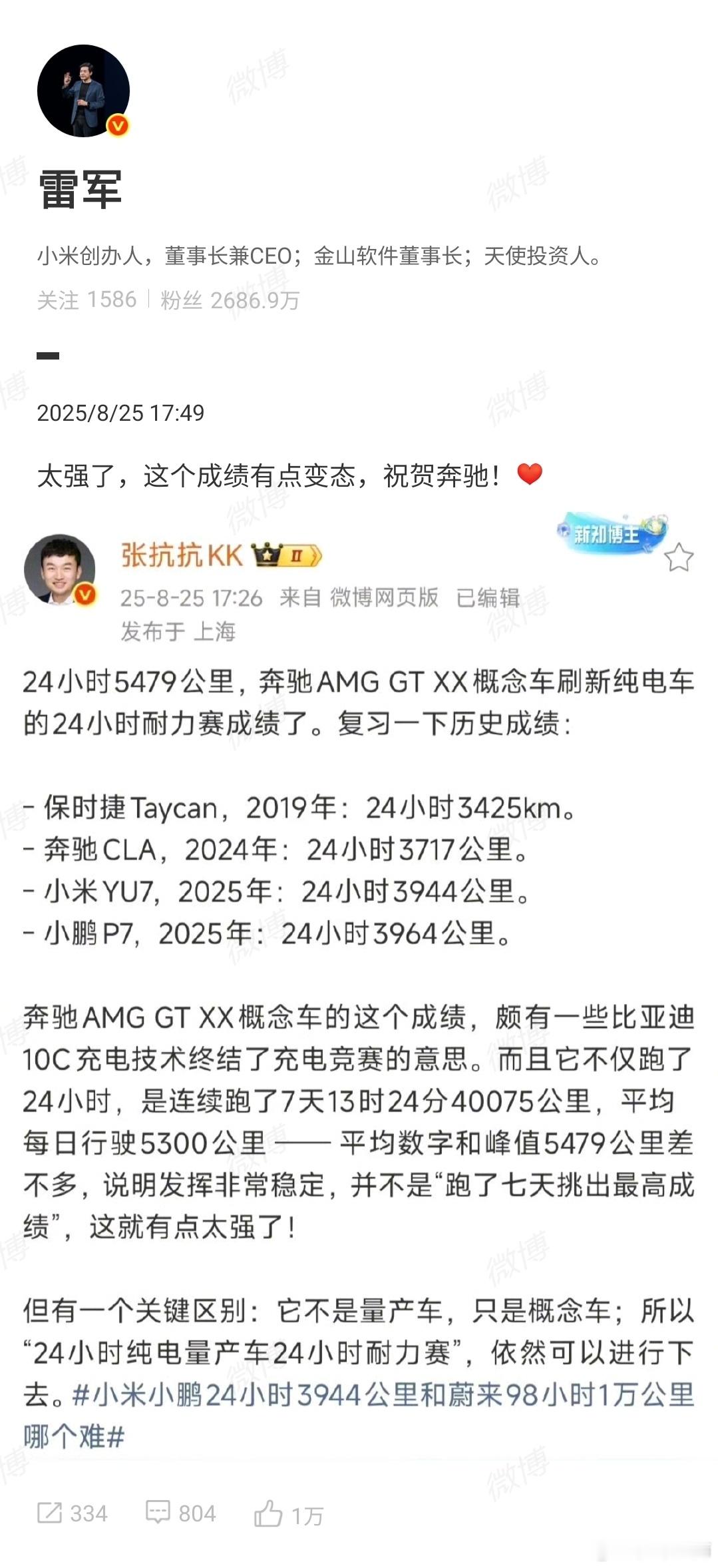 雷军说奔驰强的有点变态 雷军点评了AMG GTXX的成绩：“成绩有点变态，祝贺奔