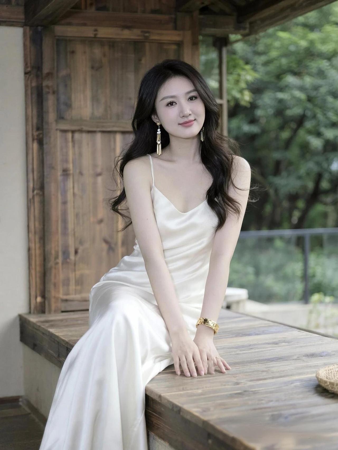 优雅白裙少女，静坐木桌旁，自然光下更显温柔。