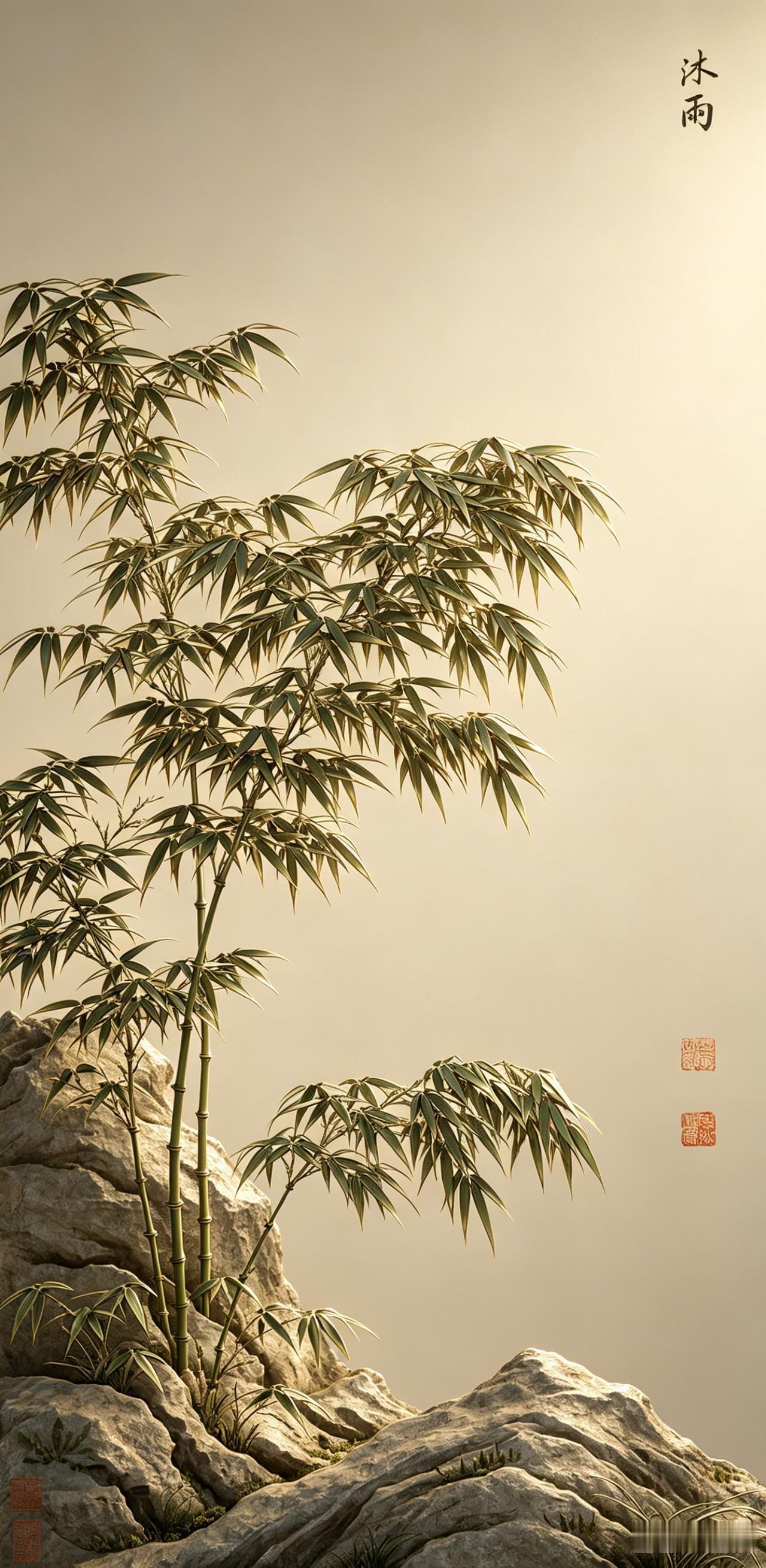 元 李衎《沐雨图轴》(AI复原)：
——雨打竹枝，弯而不折！
——这雨中的竹子，
