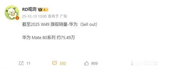 【华为Mate 80系列10天销量约75.49万台，华为重夺市场份额第一名】上个
