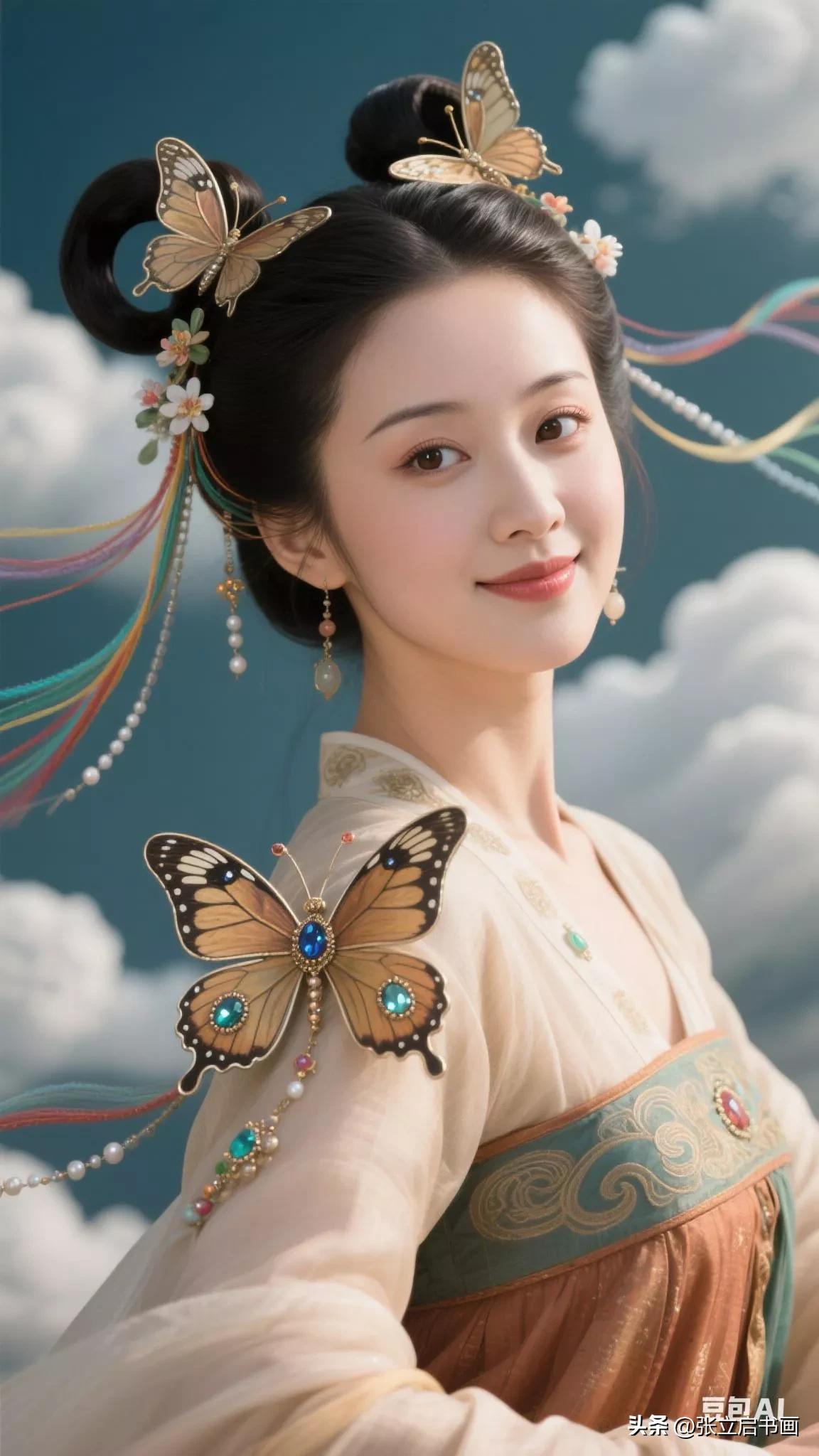 云鬓轻摇，蝶舞翩翩。张立启原创书画AI作品古仕女发髻集锦第385期集锦首发。AI
