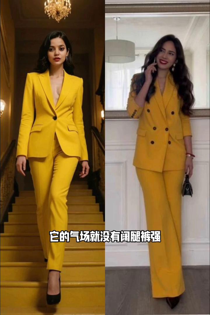 裤子穿搭的冷热知识。
·先说这种V字型的裤腿比较收紧的裤子，它的气场就没有阔腿裤