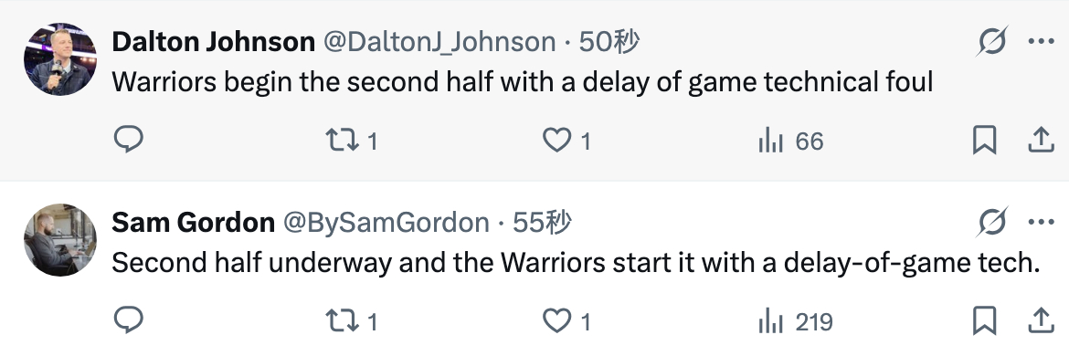 勇士队在下半场开始时吃到一次延误比赛的技术犯规。 