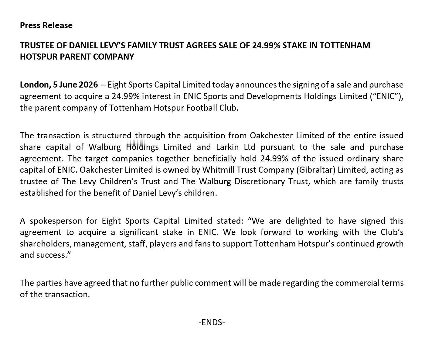 Eight Sports Capital 有限公司发言人表示：“我们非常高兴签署