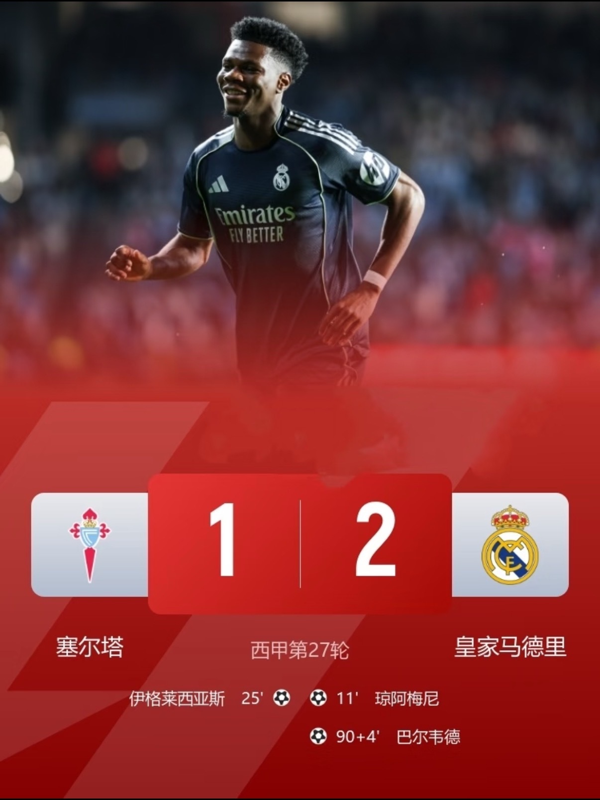 塞尔塔1比2皇马 西甲第27轮，皇马客场2-1绝杀塞尔塔！琼阿梅尼先拔头筹，巴尔