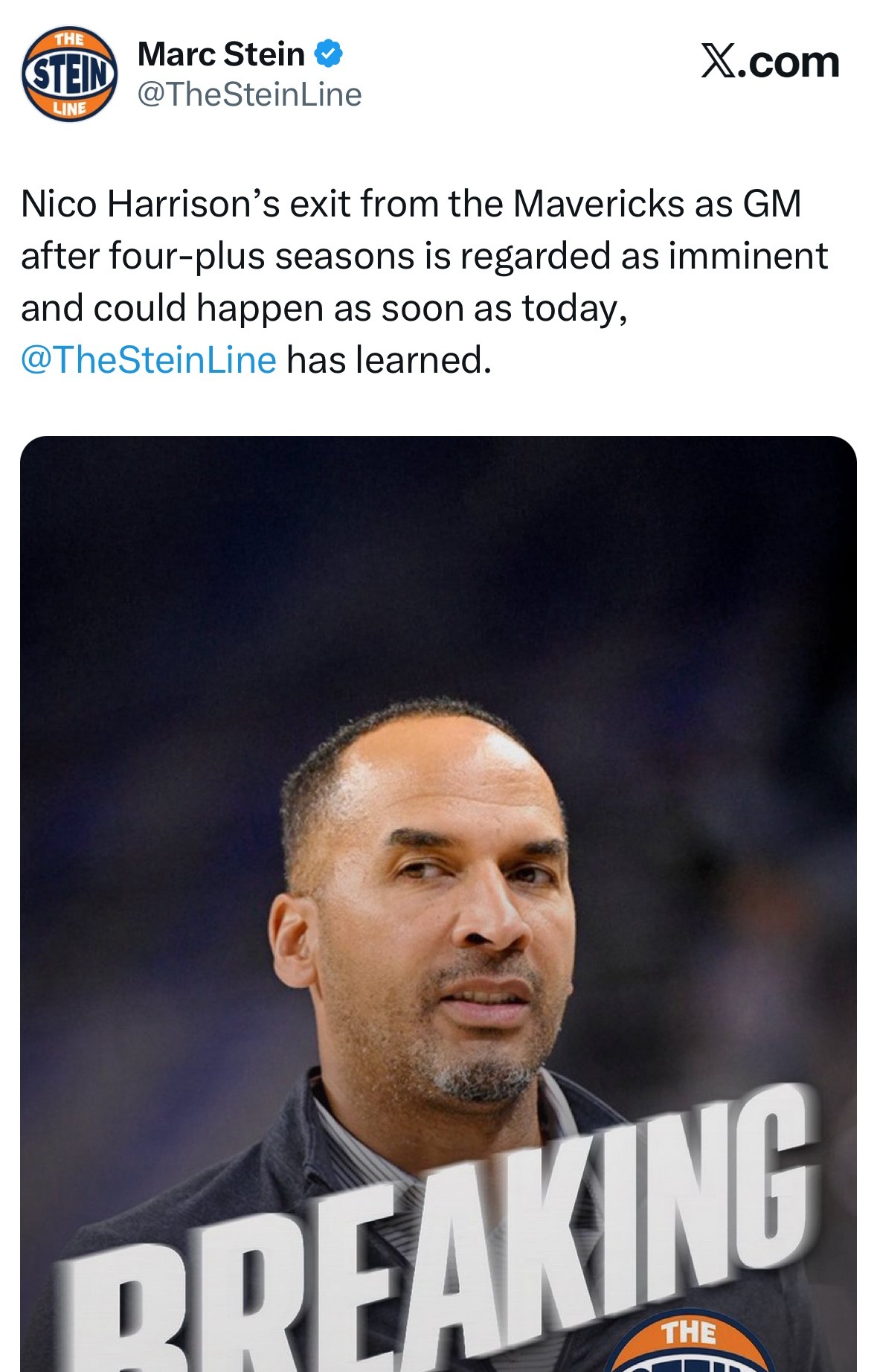 尼克-哈里森即将离职！Stein：尼克-哈里森担任独行侠队总经理四个多赛季后将离