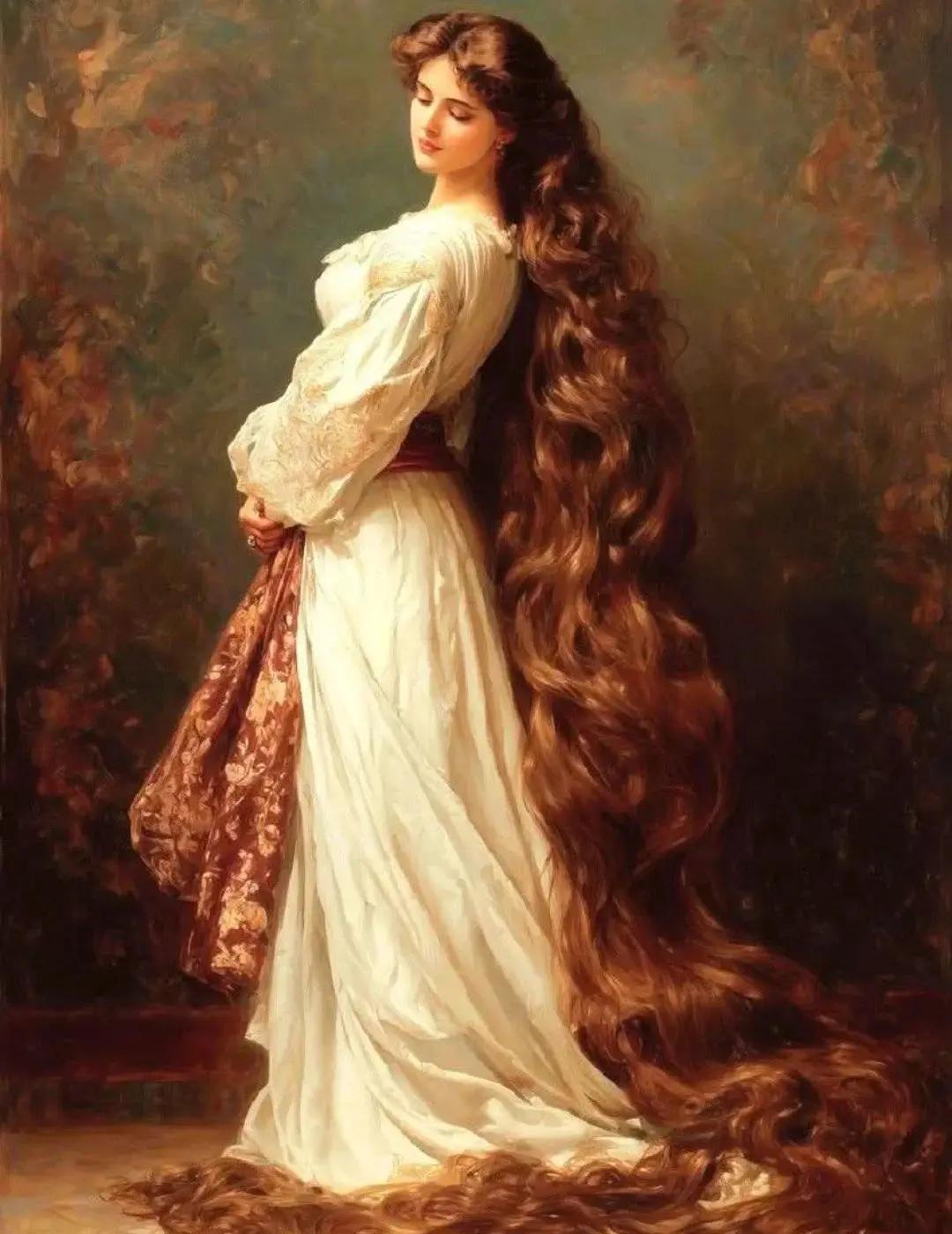 西方油画里少女的长发落地，比那时中国姑娘的辫子还长…
油画发丝