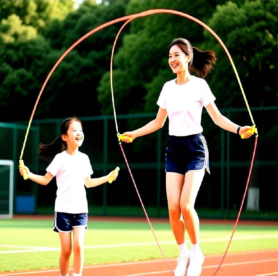 运动让人身康体健，肌肉紧实，身材挺拔，运动抗衰老。
 

她拿起绳子就在客厅里甩