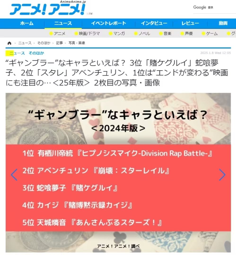 【星铁速报】在著名投票网站アニメ！アニメ！上周的“选择你最喜欢的赌徒角色”投票中
