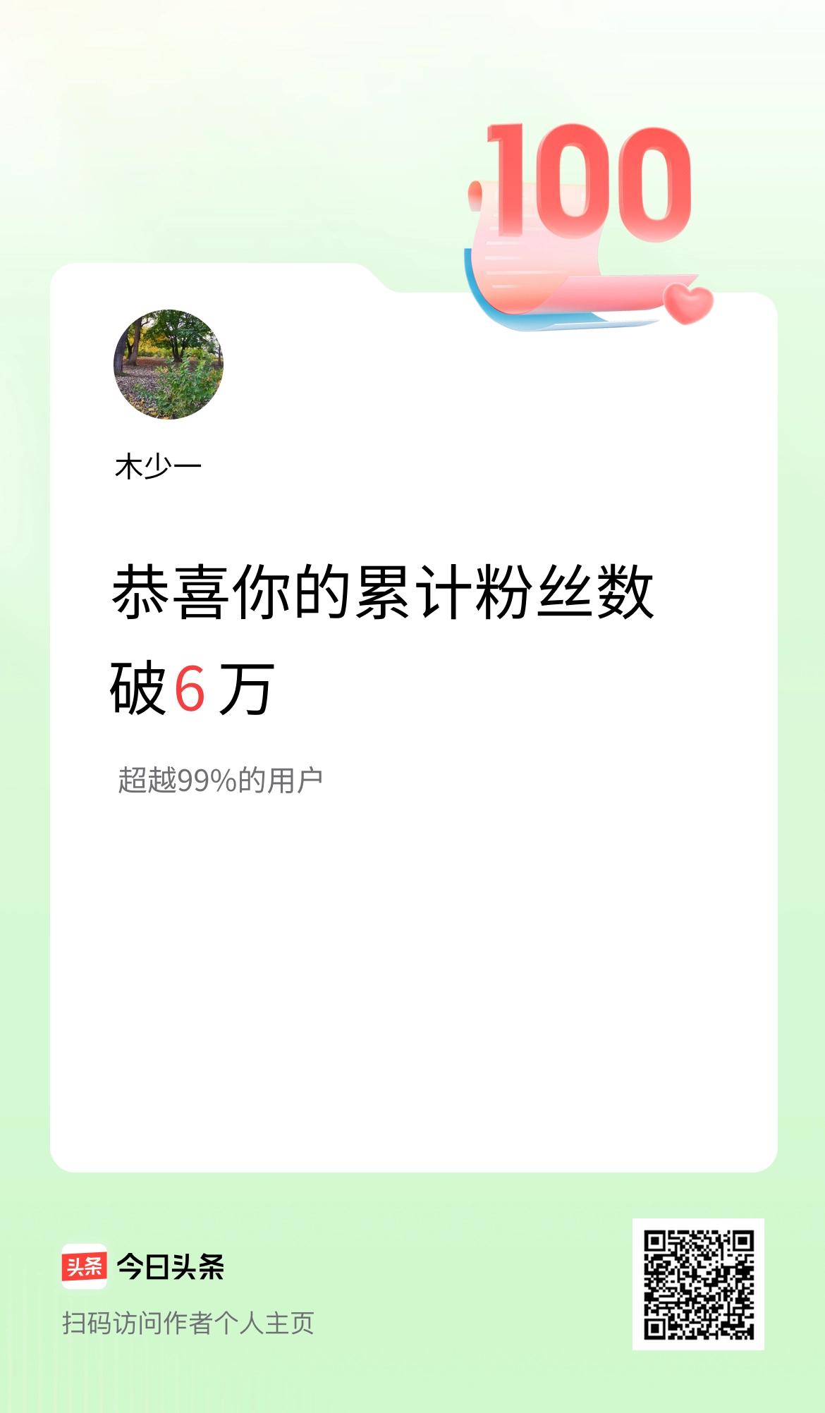 我在头条累计粉丝数破6万啦！