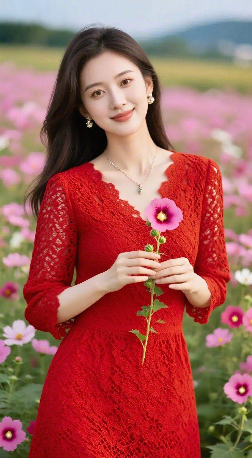 《藏蓝裙的雅意余温》
 
暖黄光晕轻覆下来，裹着她身上的藏蓝裙——缎面泛着软润的