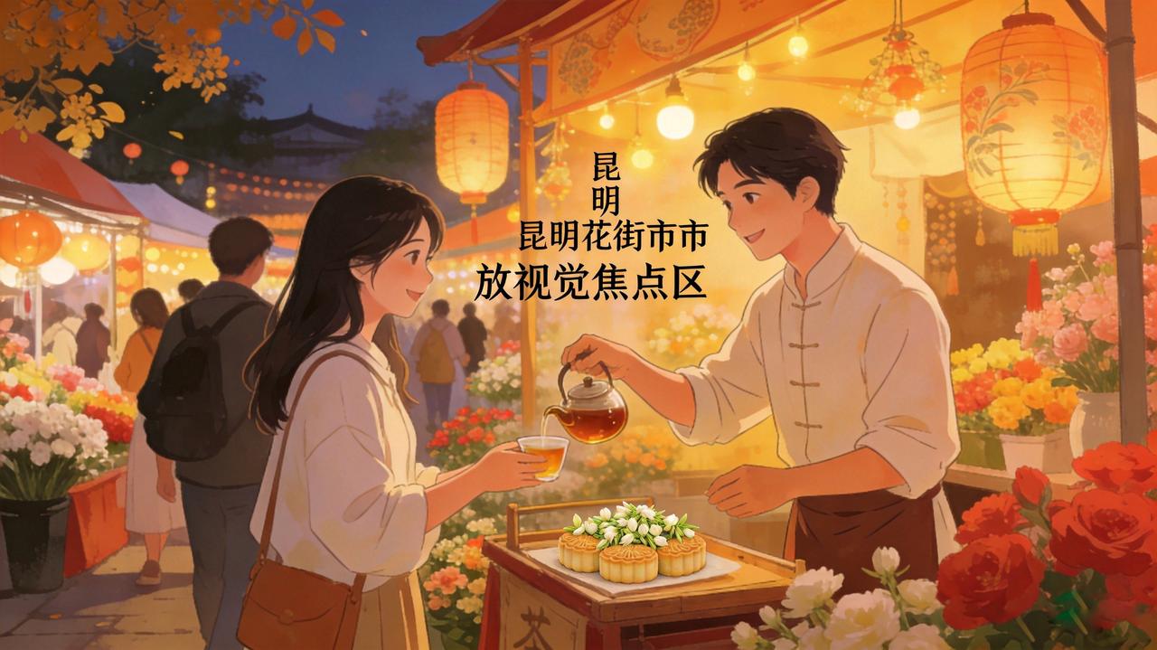 国庆昆明花街市集，一个茶摊火了。
3块钱一饼的茉莉花小饼茶，摊主不靠茶城不靠茶博