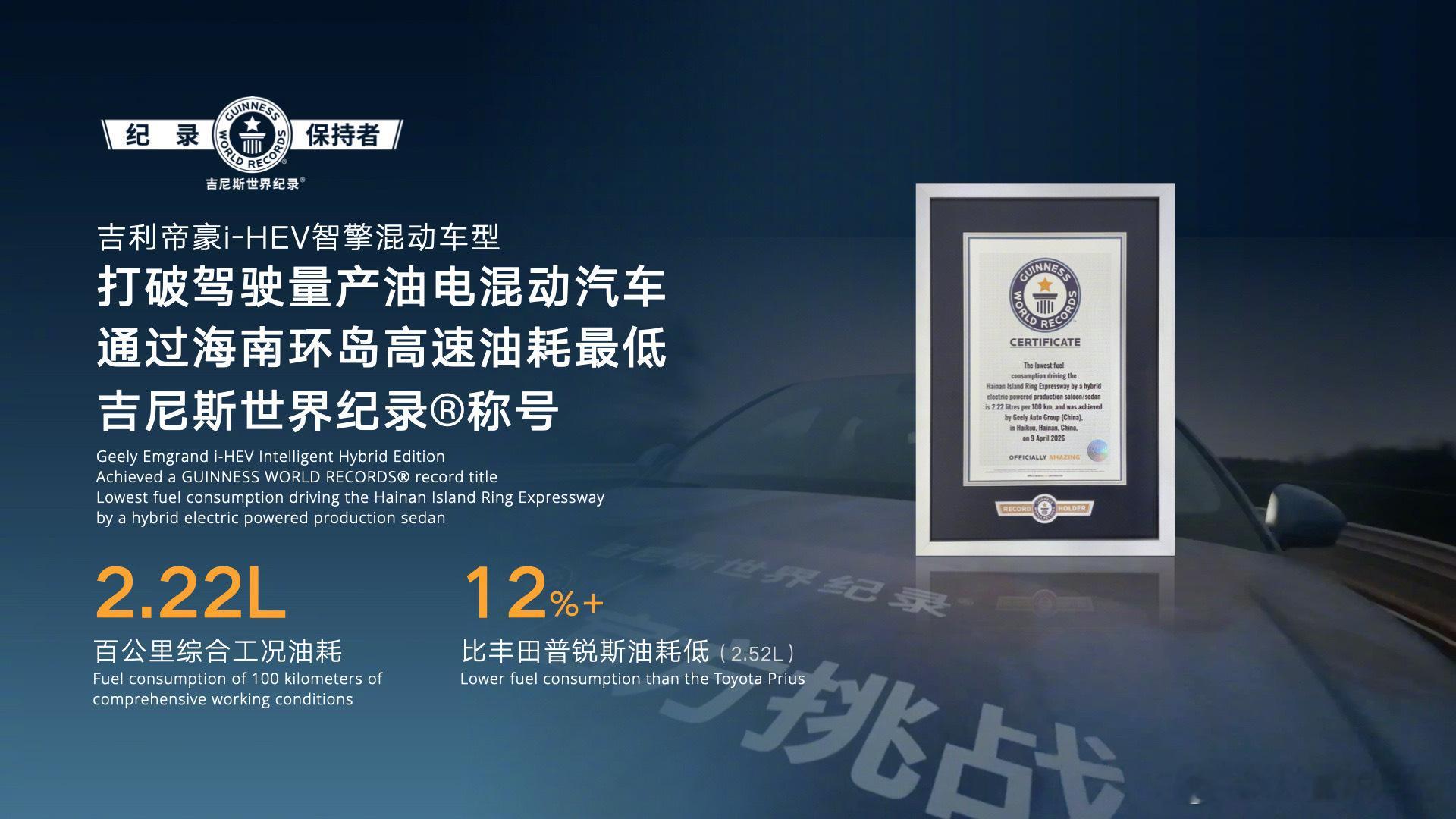 中国混动油耗打破世界纪录真的牛！中国混动直接干翻世界纪录！吉利帝豪i-HEV在海
