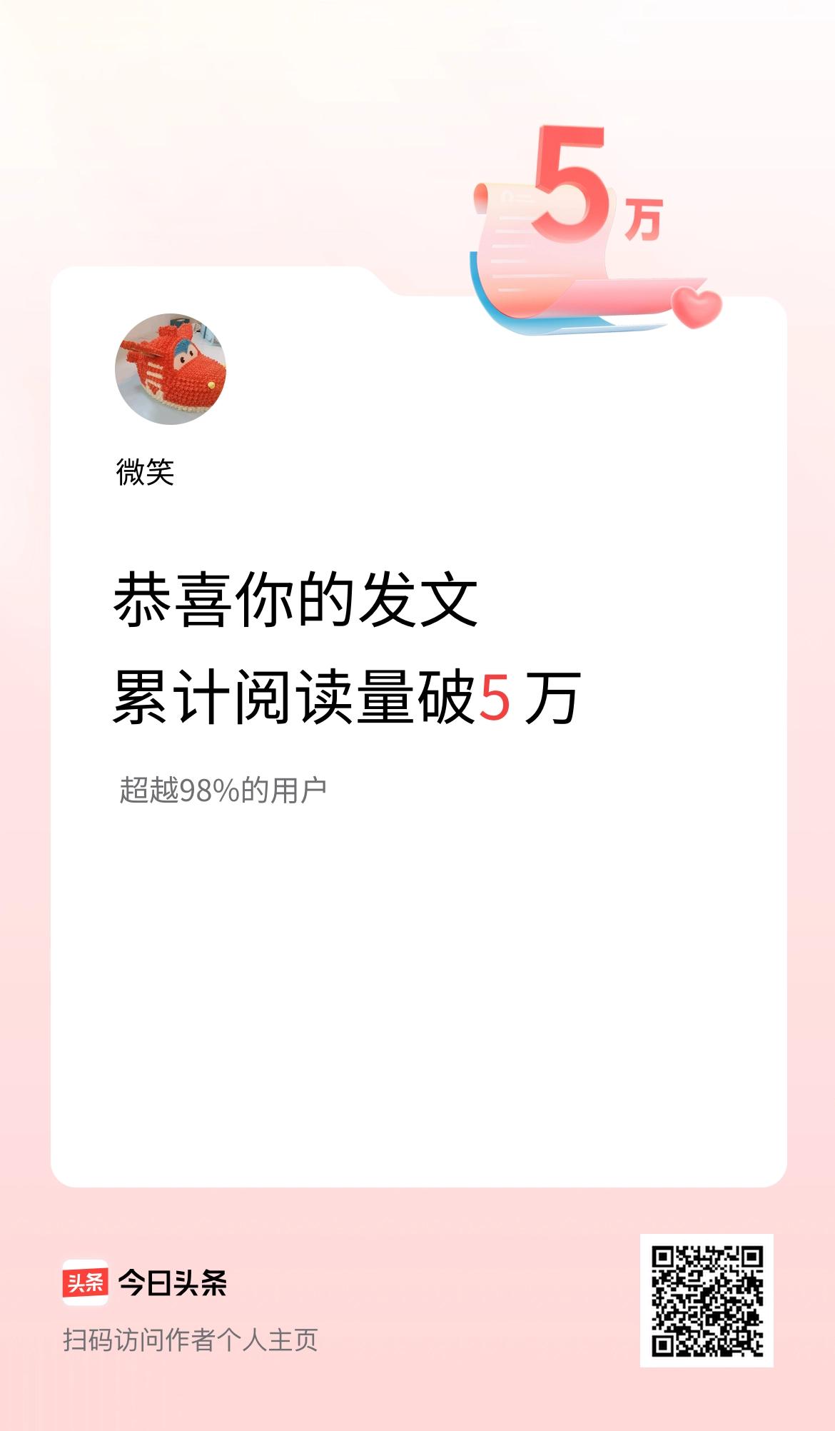 🤝我在头条累计获得阅读量破5万啦！