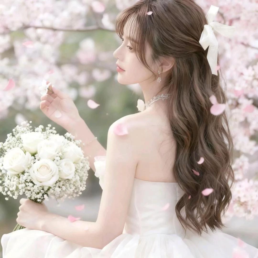 樱花树下，白裙仙子手持花束，浪漫满溢。