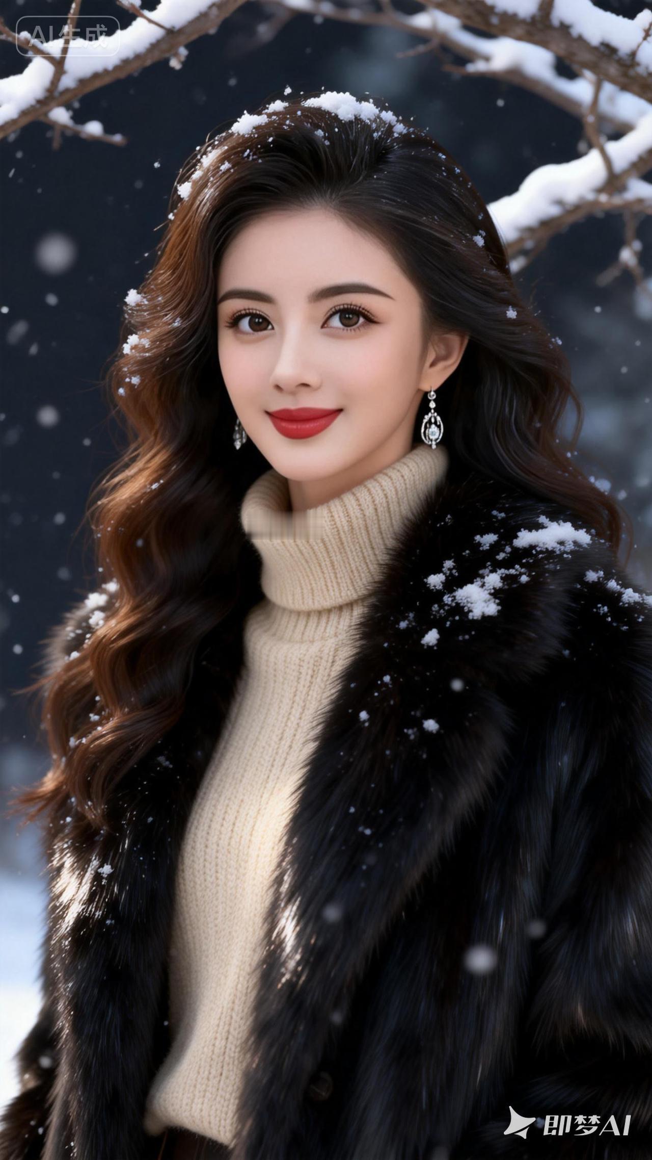 18岁美女，黑棕色大波浪长发，浓眉大眼，长卷睫毛，皮肤白皙，长耳坠，高档米黑色亮