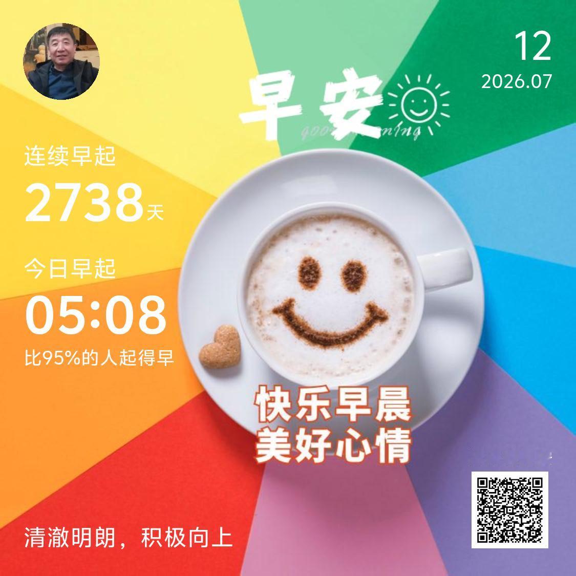 打卡早安心语分享坚持早安打卡两千七百多天，早已把温柔问候变成日常习惯。清晨道一声