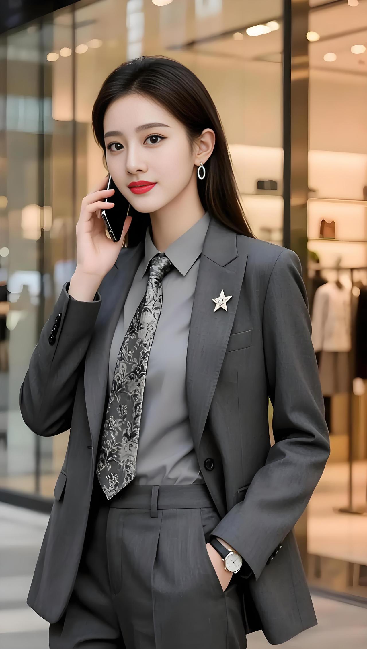 都市女强人风范，灰色西装搭配星星胸针，时尚又干练！