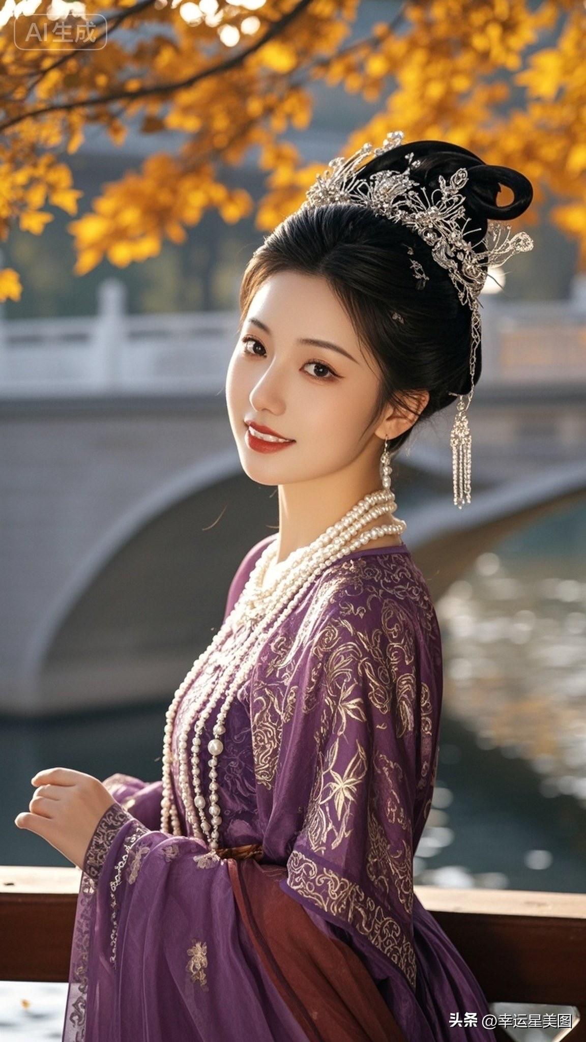 秋日古桥下的优雅女子，复古华服与珍珠项链相得益彰，尽显古典韵味。