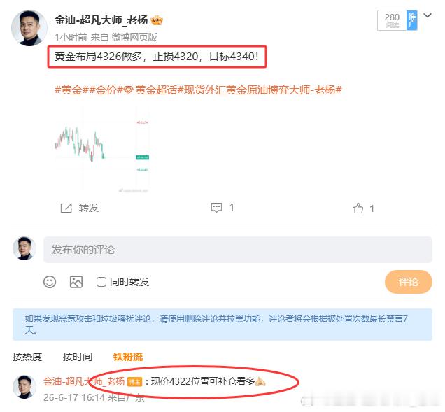 黄金多单补仓看多，高位4326可以离场了，留低位4322继续上看！说实话这单咱们