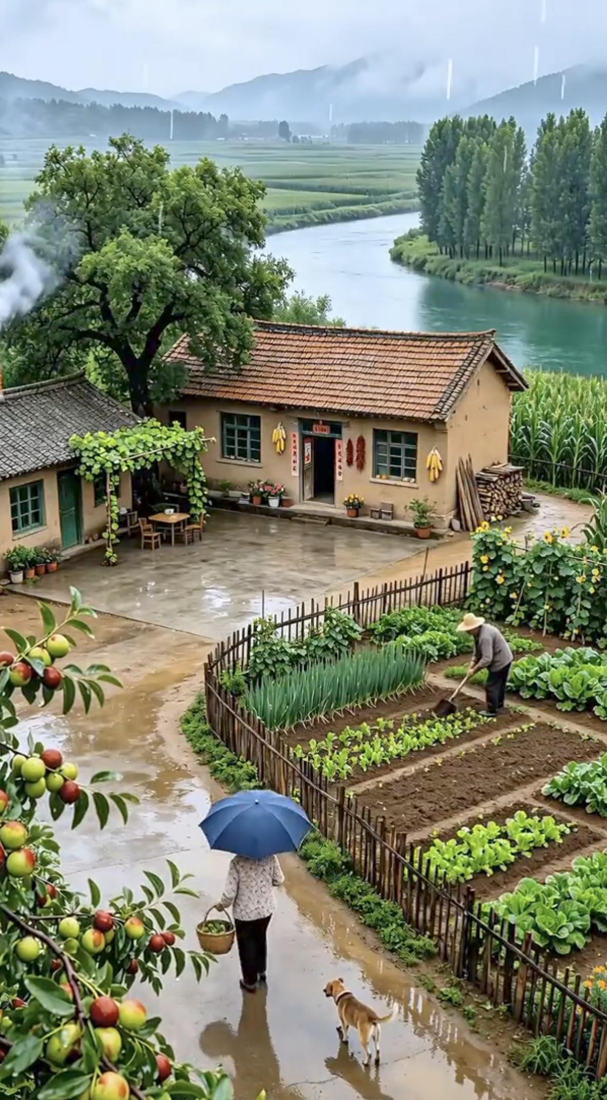 下着小雨也不闲，
戴着草帽弄菜园。
老伴撑伞摘脆枣，
…………………………
请你