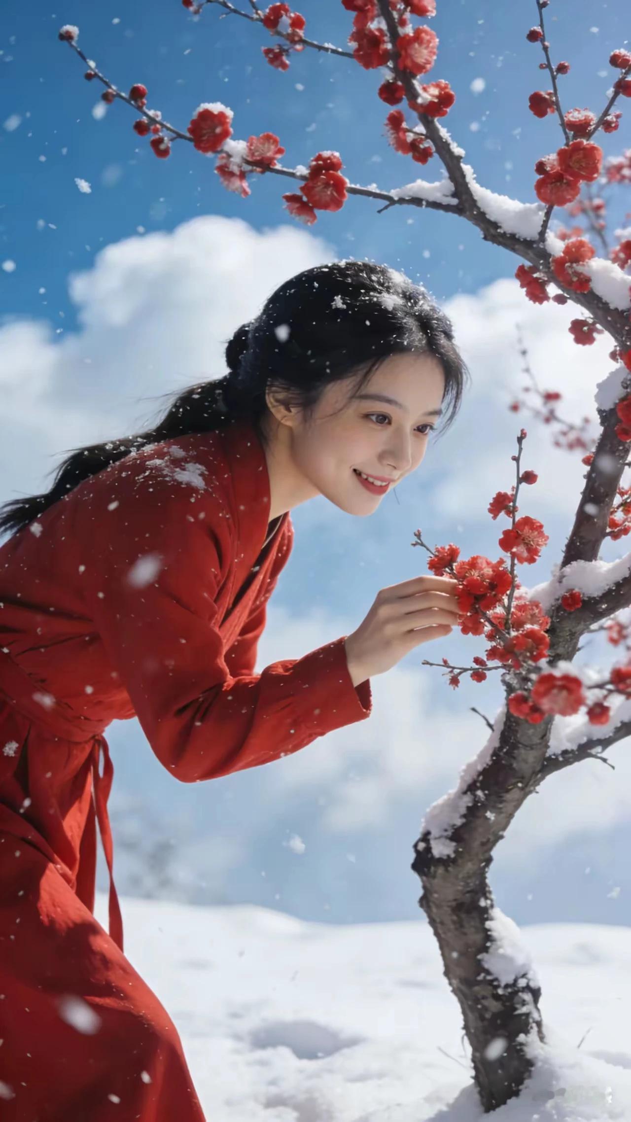 云鬓堆霜缀蜡黄，
狐裘暖裹楚腰长，
一枝寒萼凝酥手，
墙角风来有暗香。