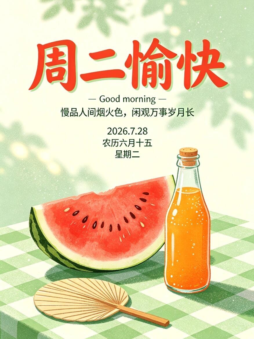 早安，元气满满的周二✨！7月28日，中伏高温持续，早晚温差较大，注意合理增减衣物