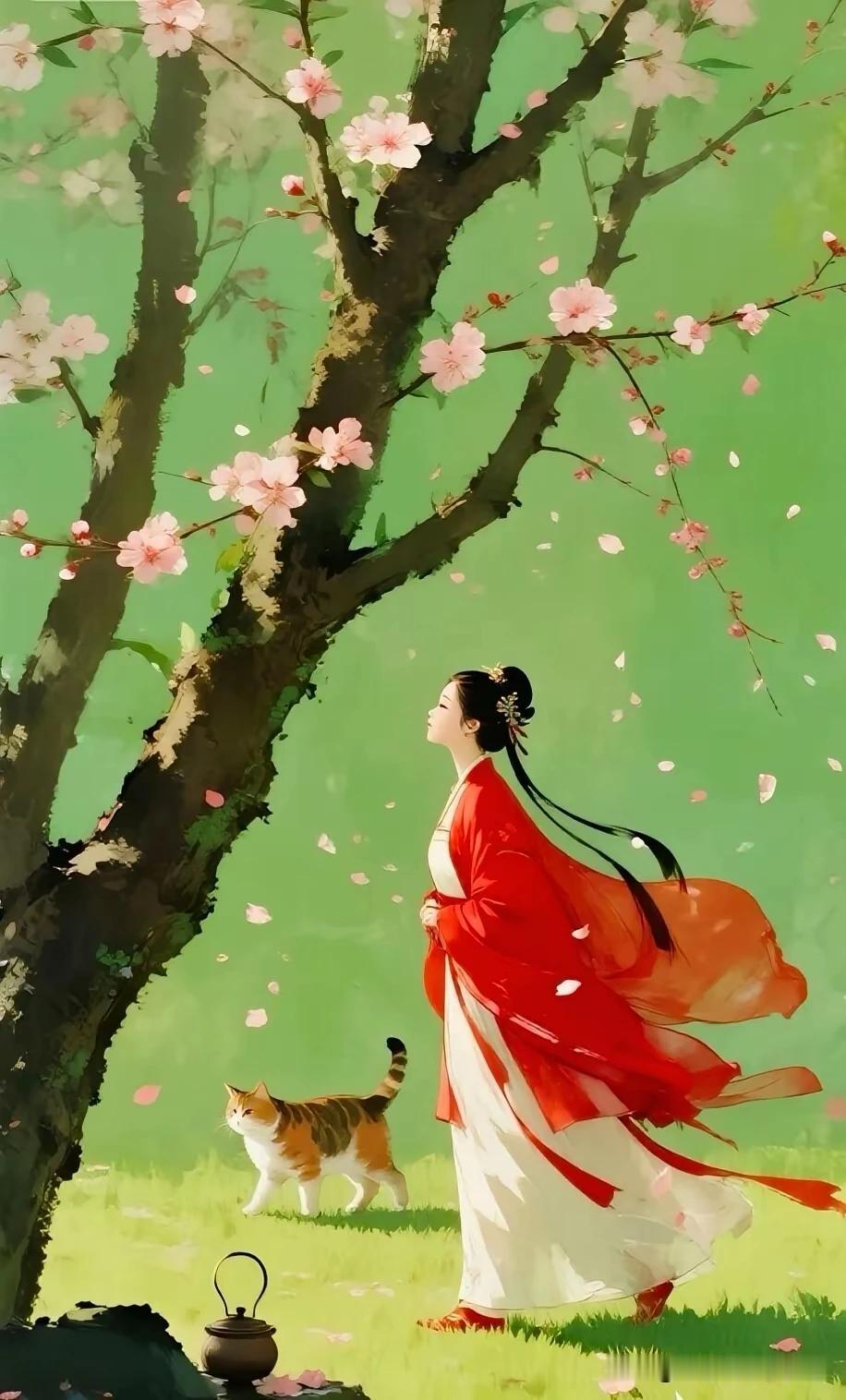 《春趣》
桃花灼灼笑东风，
一袭红衣踏春中。 
忽见狸奴扑粉蕊，
惊飞落英飘彩虹