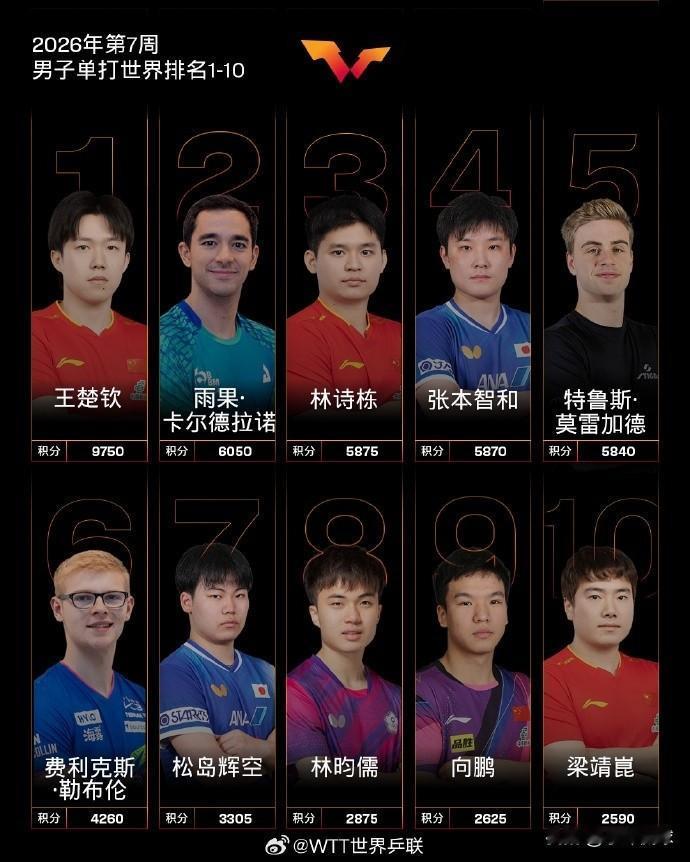 WTT最新世界排名，王楚钦稳居第一，林诗栋让出第2，雨果创历史新高，张本智和升第