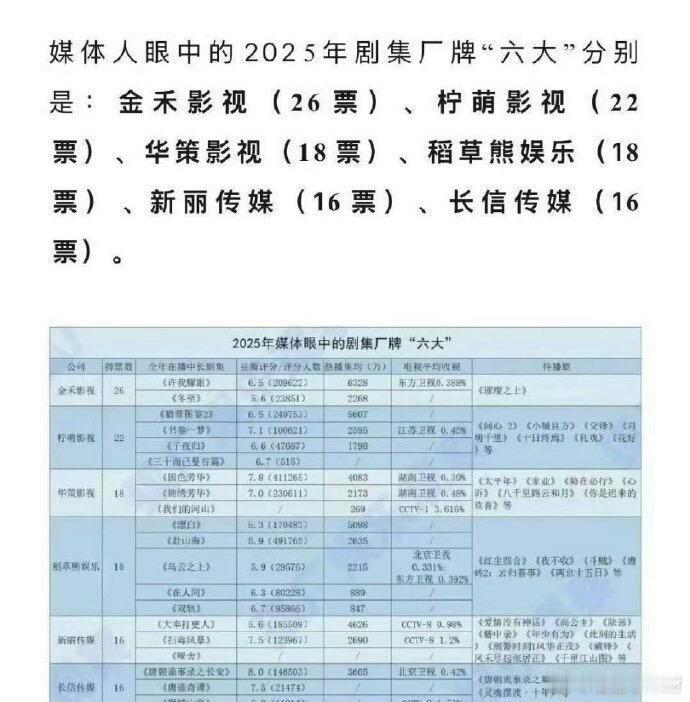内娱剧集六大厂牌金禾、柠萌、华策、稻草熊、新丽、长信 