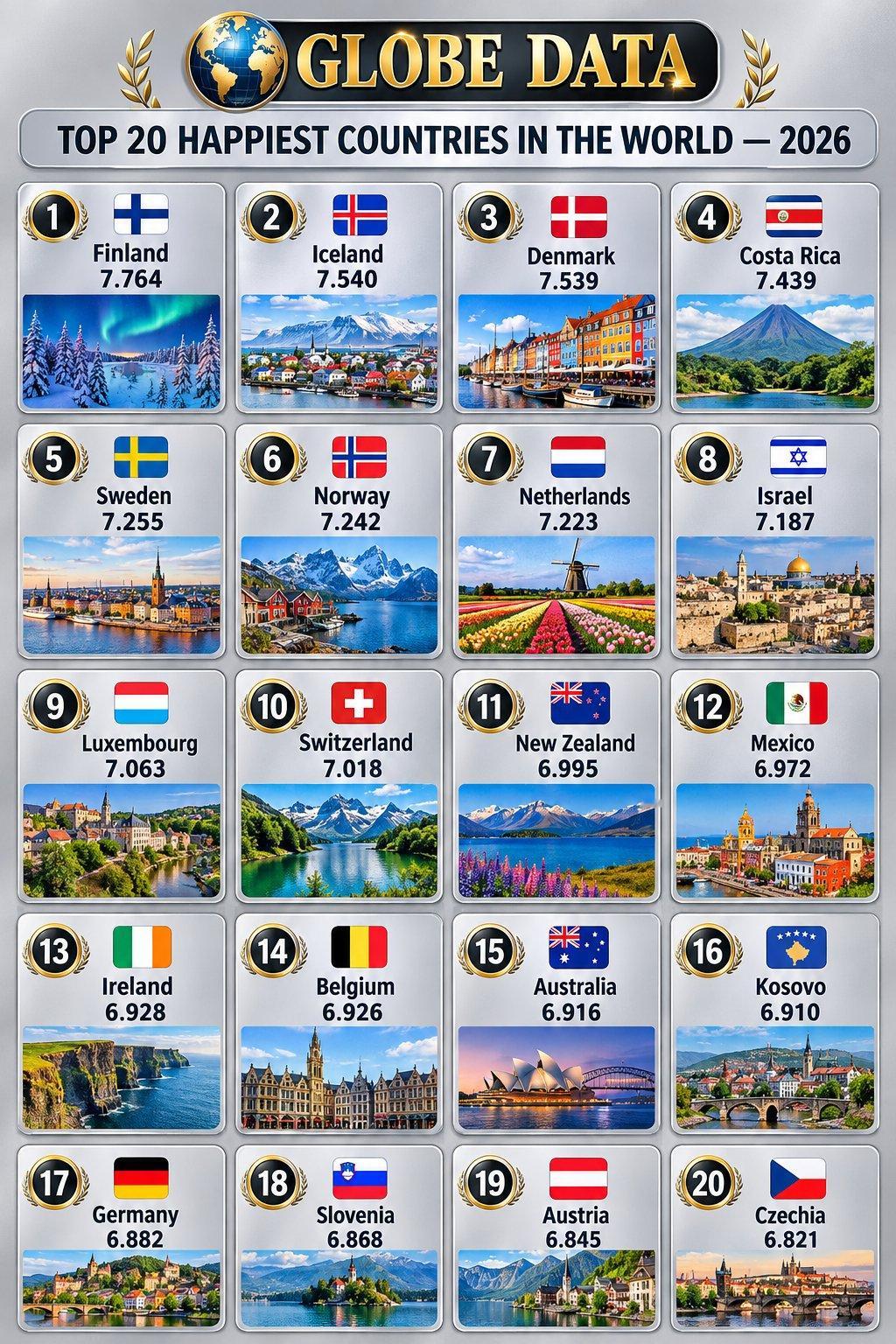 2026年全球幸福度最高TOP20 ​​​