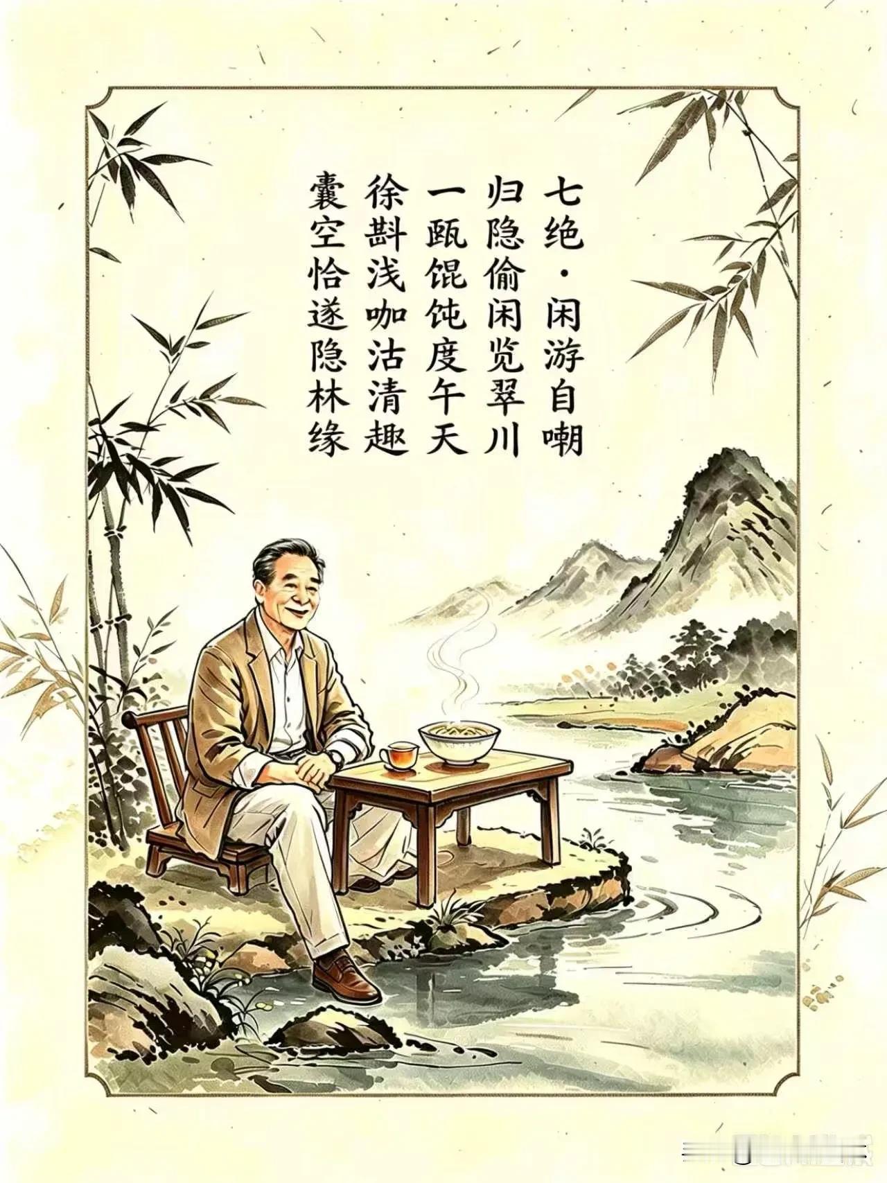 七绝・闲游自嘲
归隐偷闲览翠川，
一瓯馄饨度午天。
徐斟浅咖沽清趣，
囊空恰遂隐