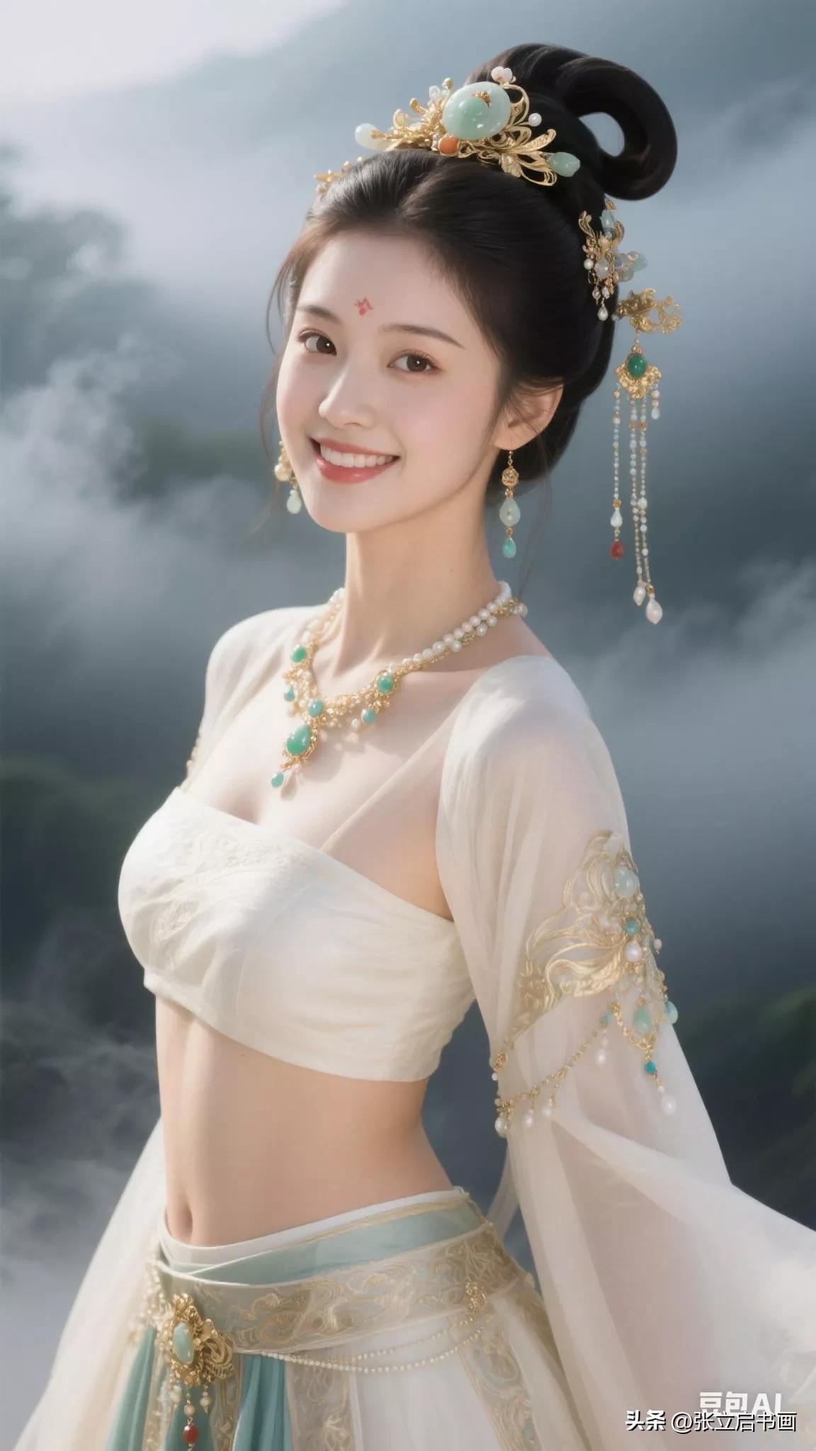 仙气飘飘的古风美人，云雾缭绕中尽显优雅与神秘。张立启原创书画AI作品古仕女发髻集