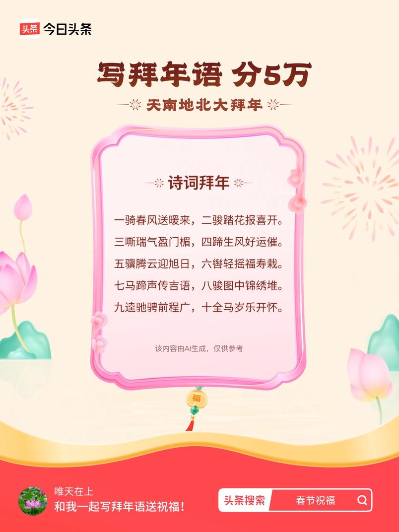 写拜年语送祝福新春拜年送祝福！我的祝福是：“一骑春风送暖来，二骏踏花报喜开。三嘶