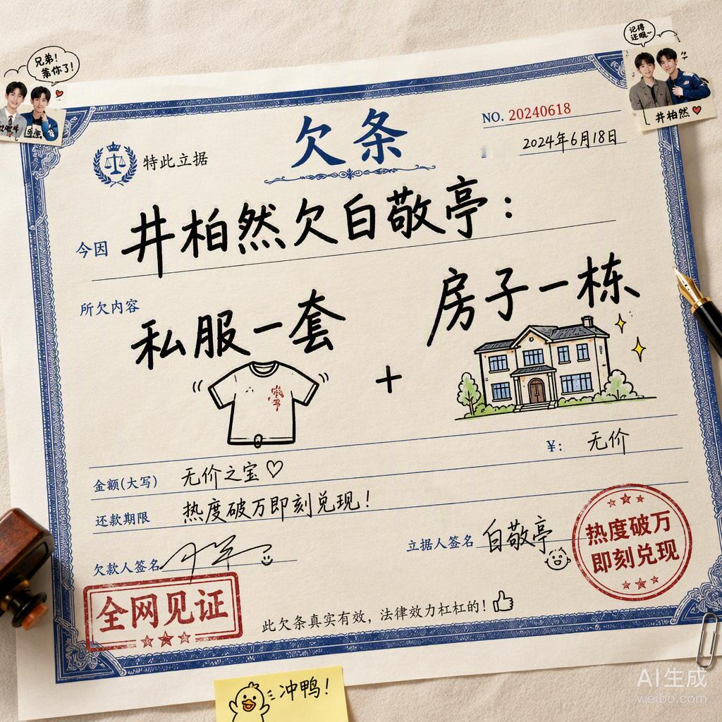 井柏然一句“热度破万送私服和房子”，白敬亭反手就是一个P图认领配文“谢谢”。这哪