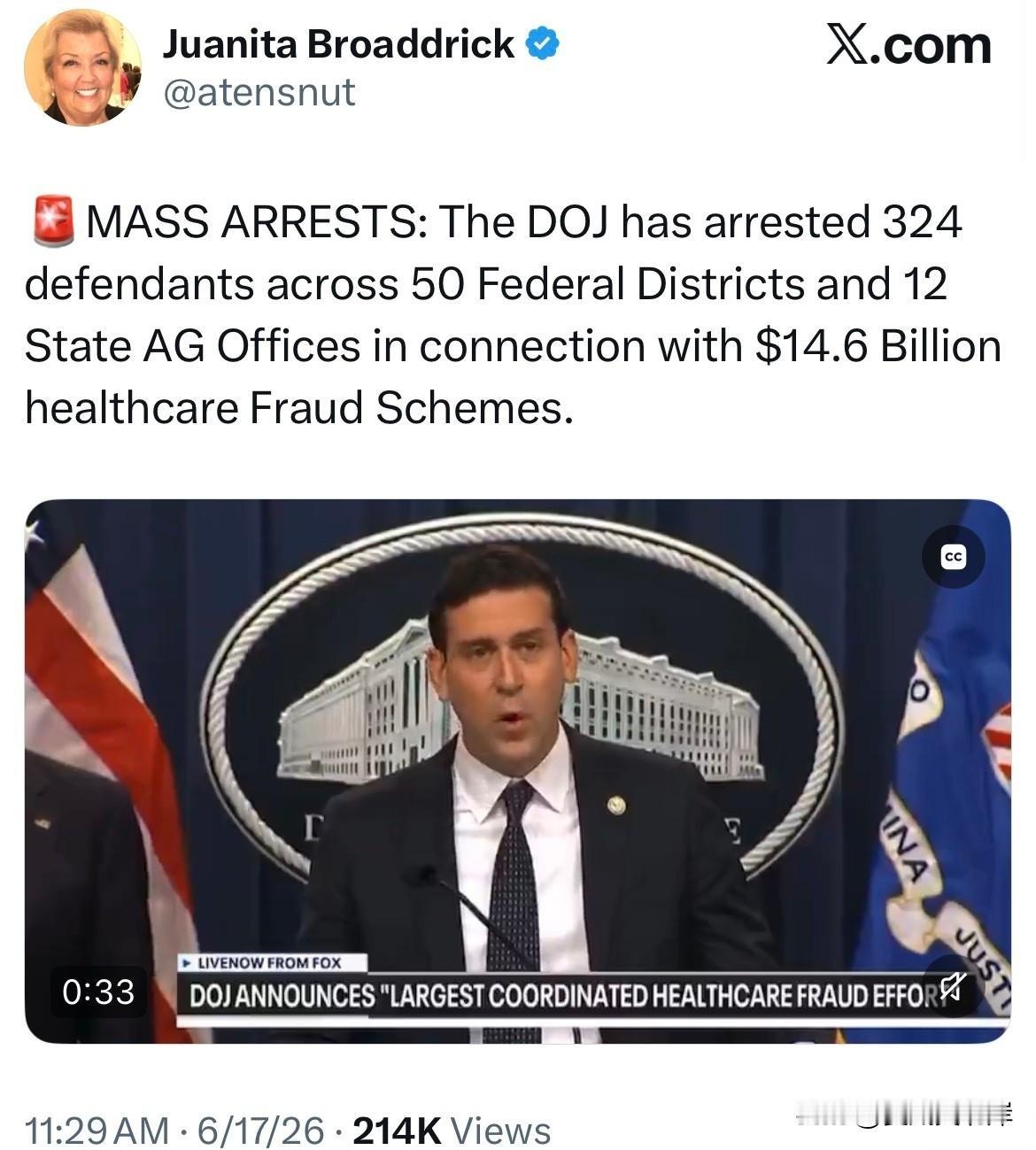 🚨 大规模抓捕行动：美国司法部（DOJ）在全美50个联邦司法辖区、12个州总检