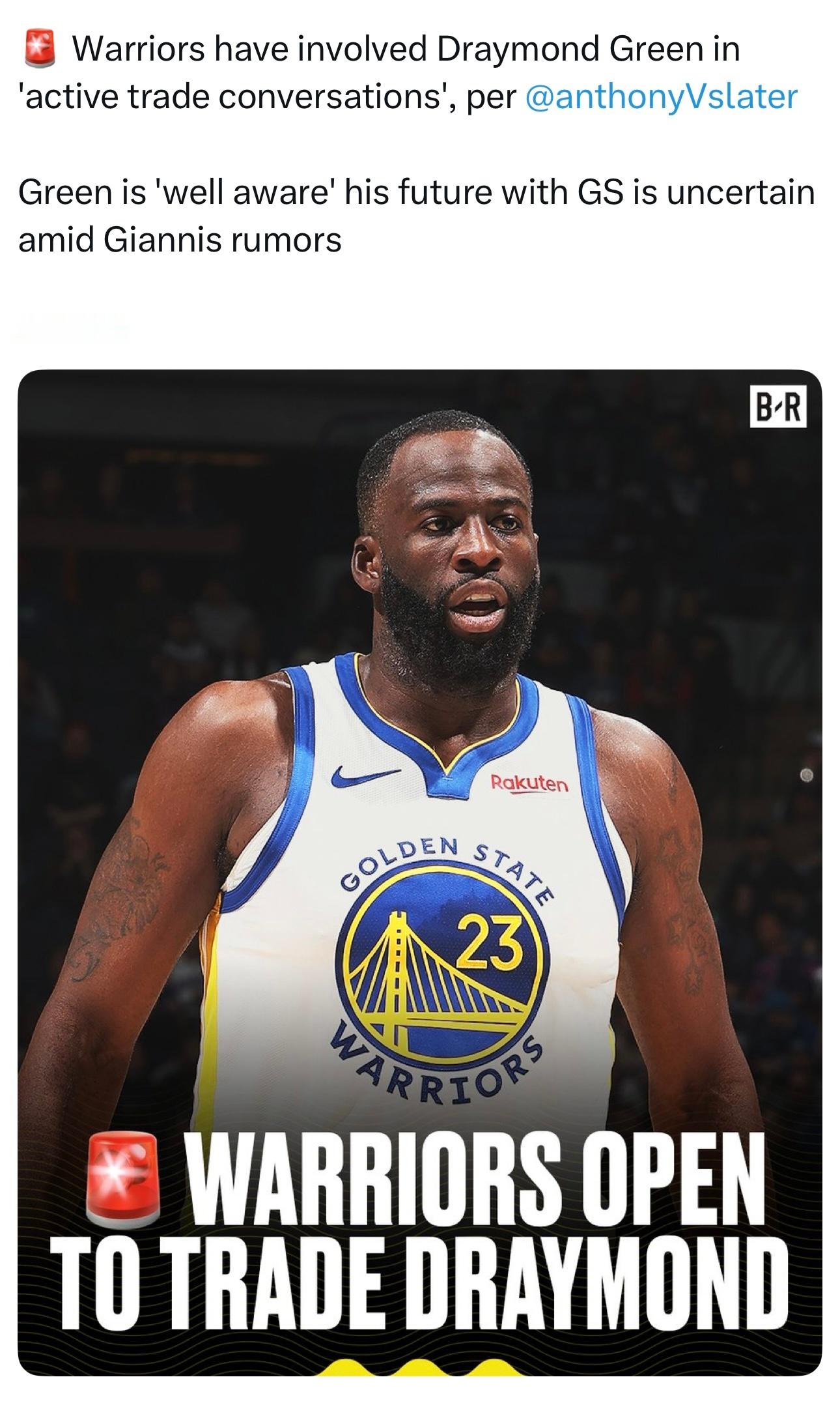 勇士跟队记者Anthony Slater：勇士已经将追梦格林纳入了“积极的交易谈