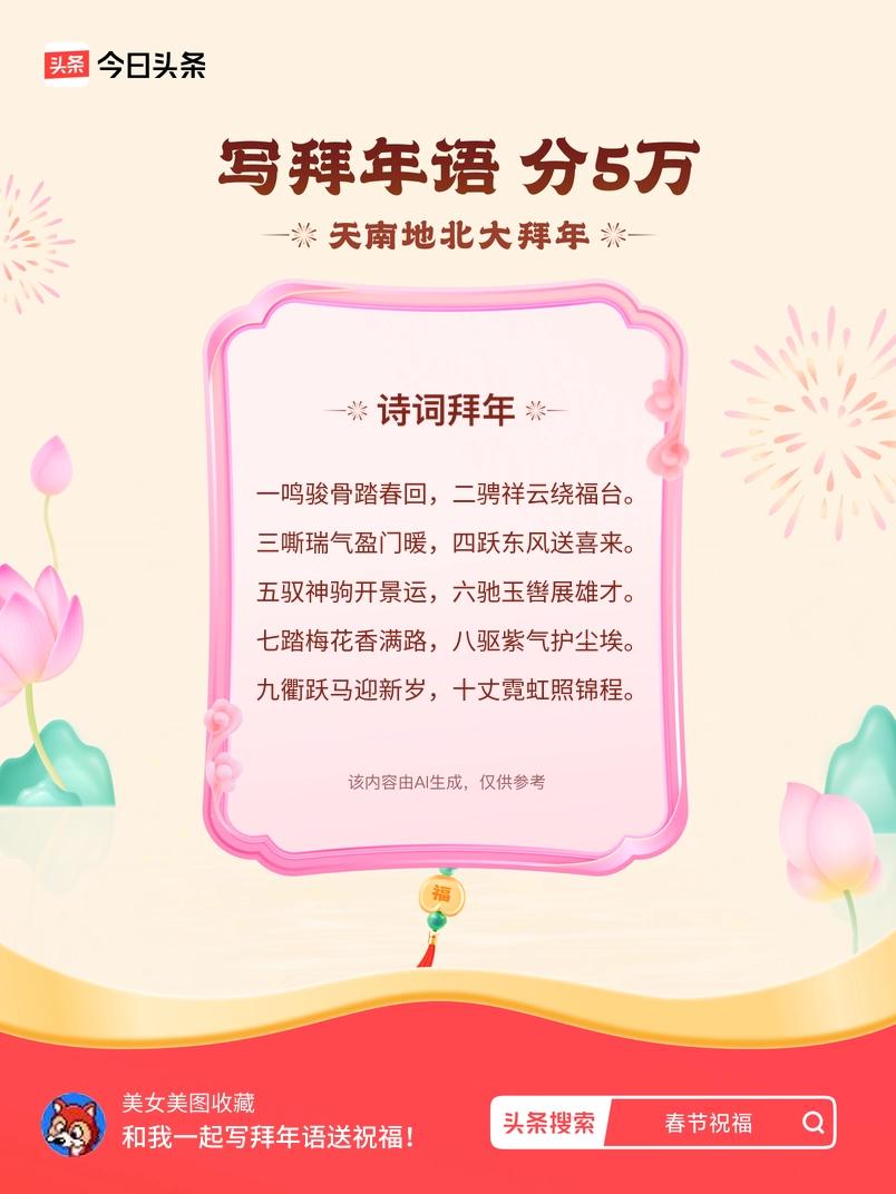 三嘶瑞气盈门暖，四跃东风送喜来。 五驭神驹开景运，六驰玉辔展雄才。 七踏梅花香满