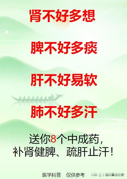 肾不好多想，脾不好多痰，肝不好易软，肺不好多汗，送你8个中成药，补肾健脾、疏肝止