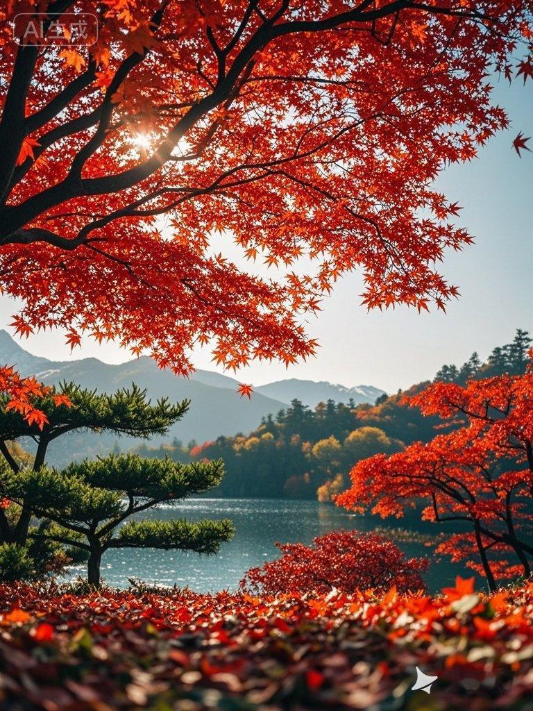 红枫的颜色与蓝天白云搭配，画面更加赏心悦目