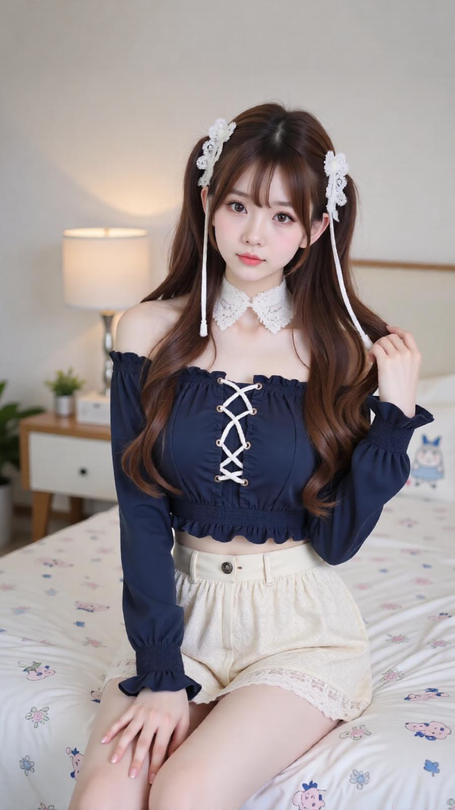 甜美少女风穿搭，可爱蝴蝶结发饰，清新卧室背景。