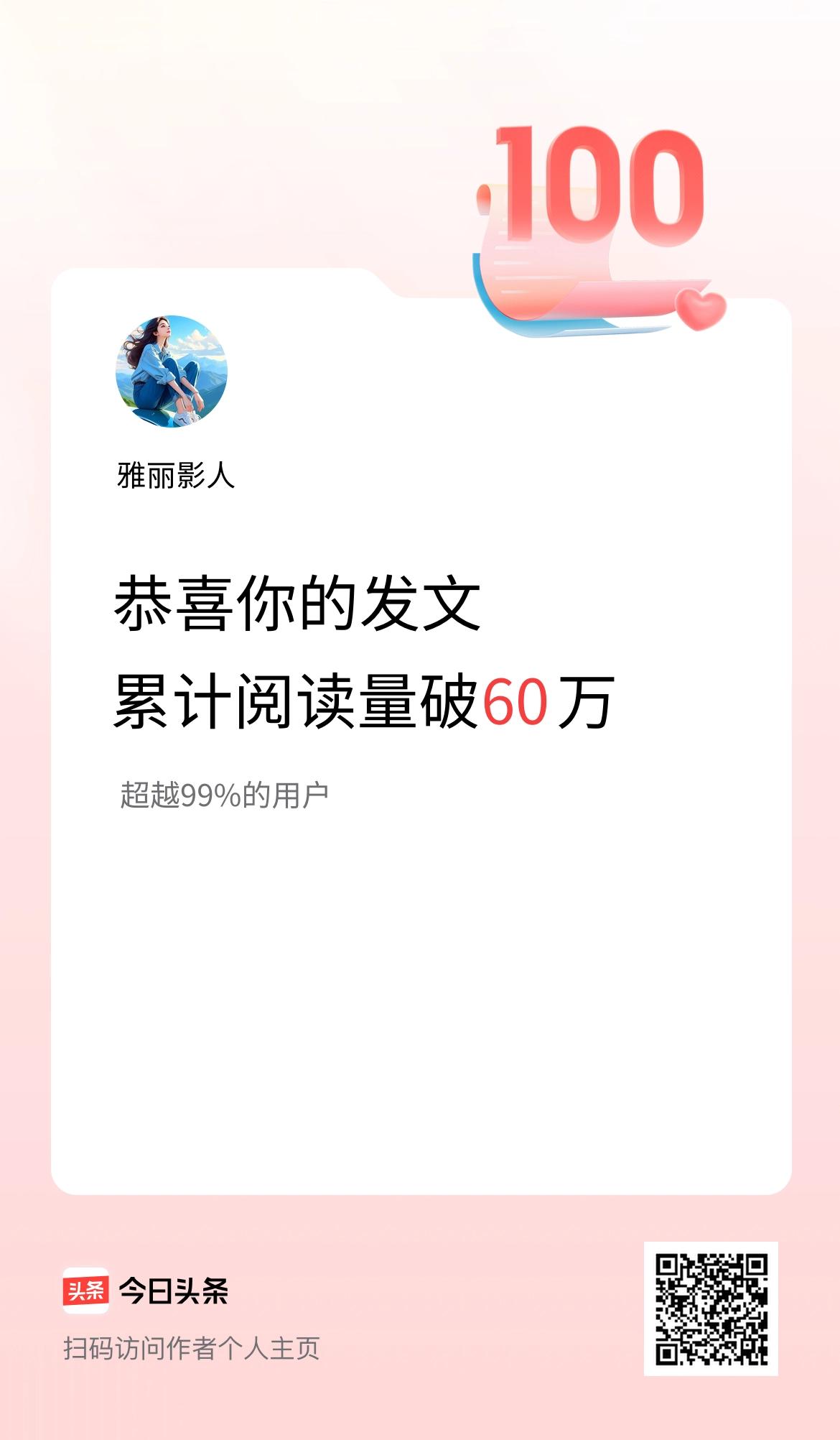 🤝我在头条累计获得阅读量破60万啦！