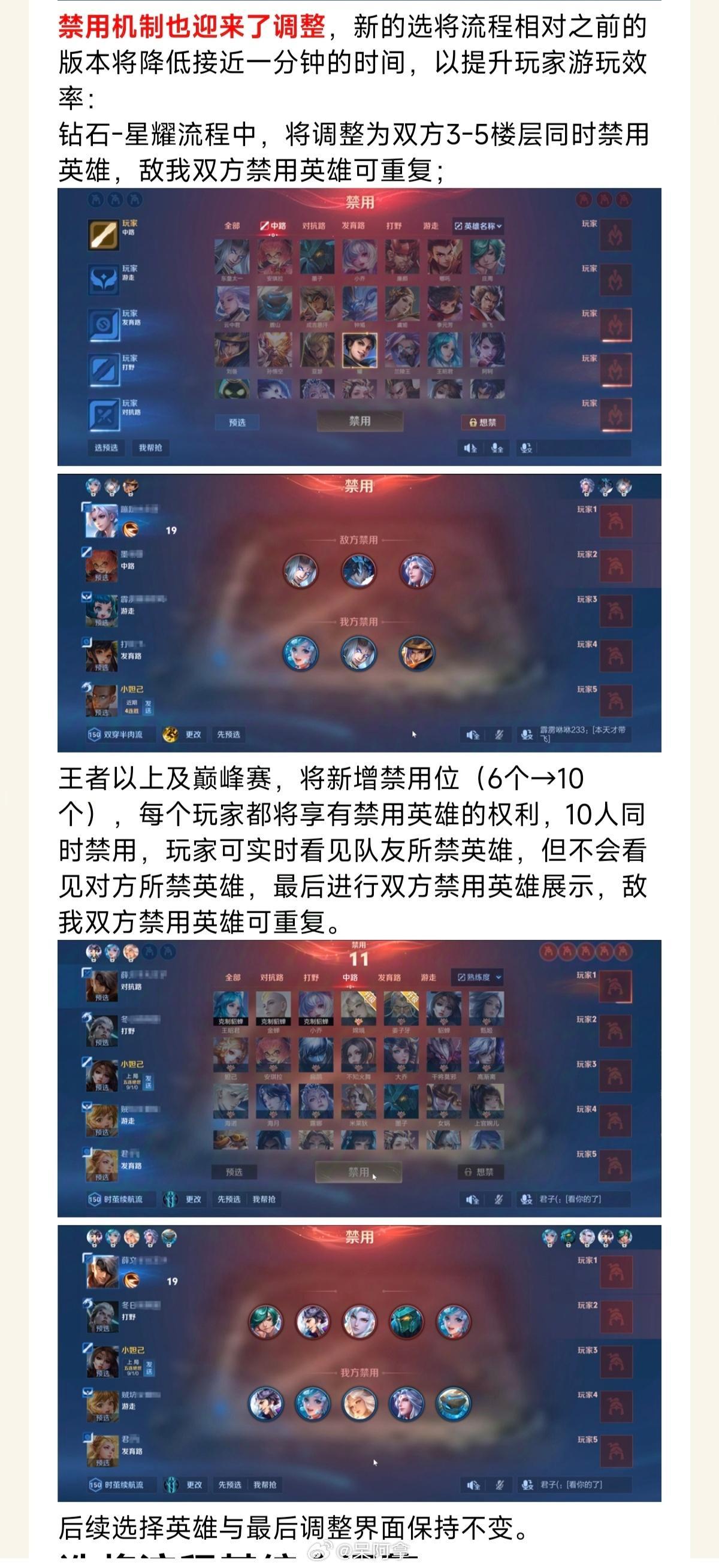 体验服更新，下赛季钻石星耀段位，3-5楼同时禁用，可重复；王者以上及巅峰赛，10