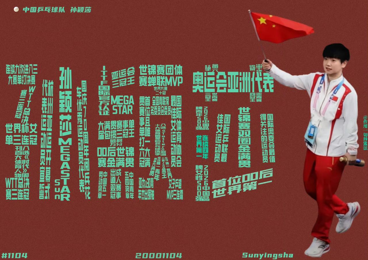 希望当人们提起中国乒乓球队，脑海里第一时间就浮现孙颖莎的名字。
 
时代浪潮滚滚