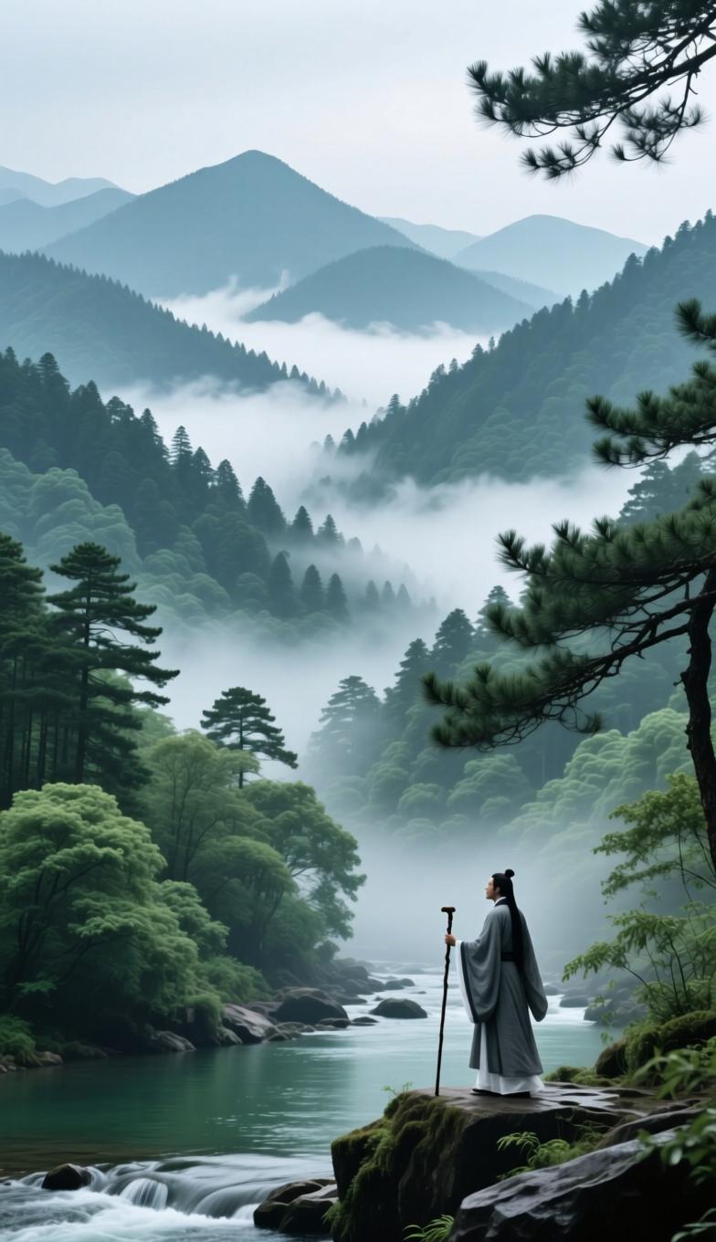 俗世喧嚣，常怀山水之念。青山涤荡烦忧，流水平息杂念，寄情丘壑，不求浮名，赋七律一