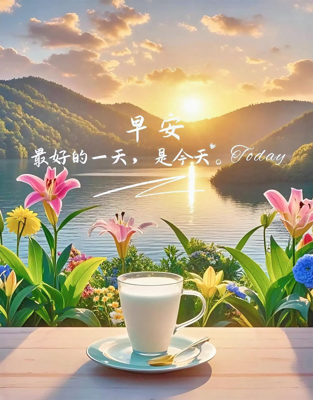 早安！捧杯牛奶，看湖光山色，最好的一天，是今天，治愈系拉满✨