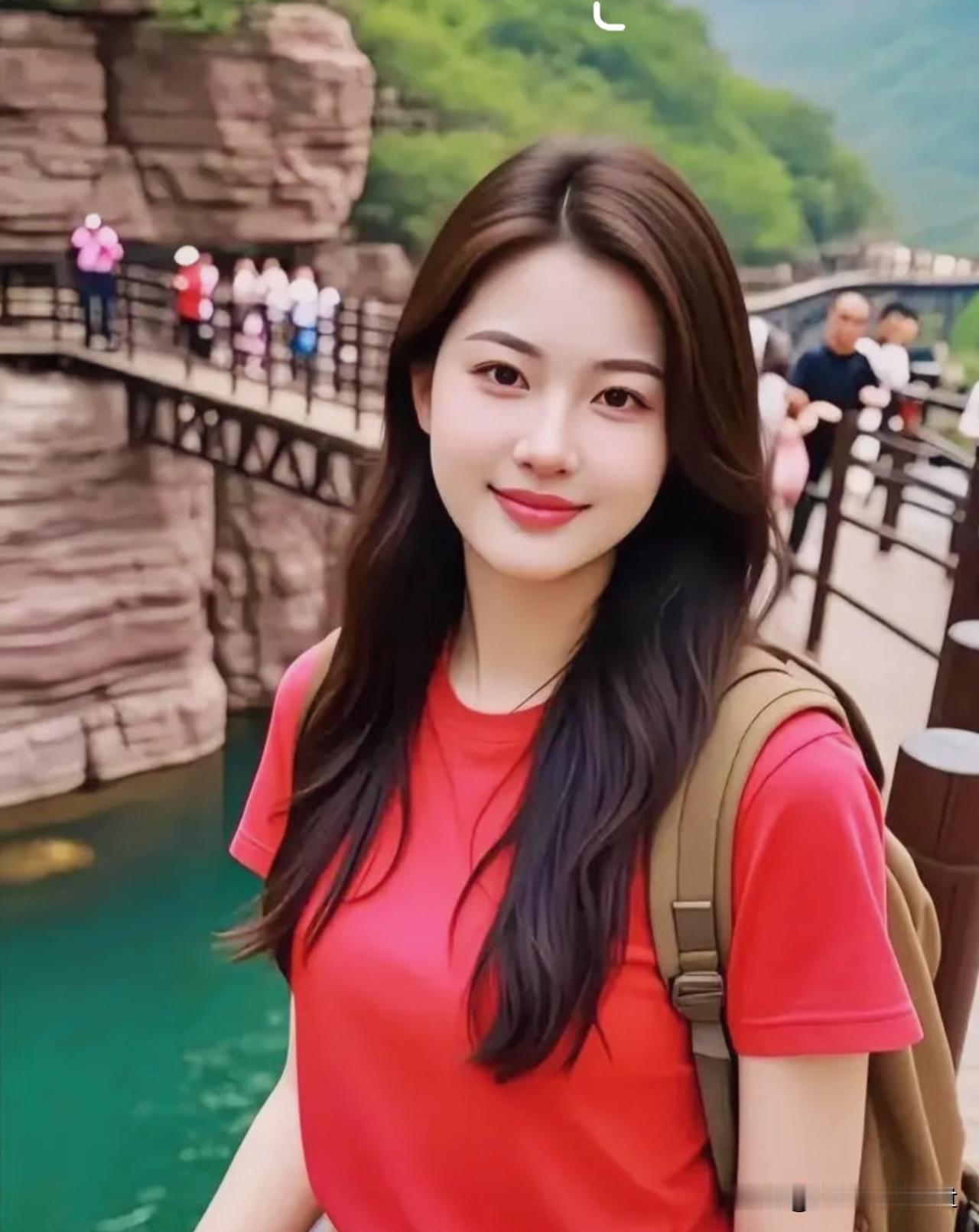 西江月·踏春山
 
翠壑层岩映水，红衣浅笑临桥。
闲携轻履踏春韶，满目青山晴照。