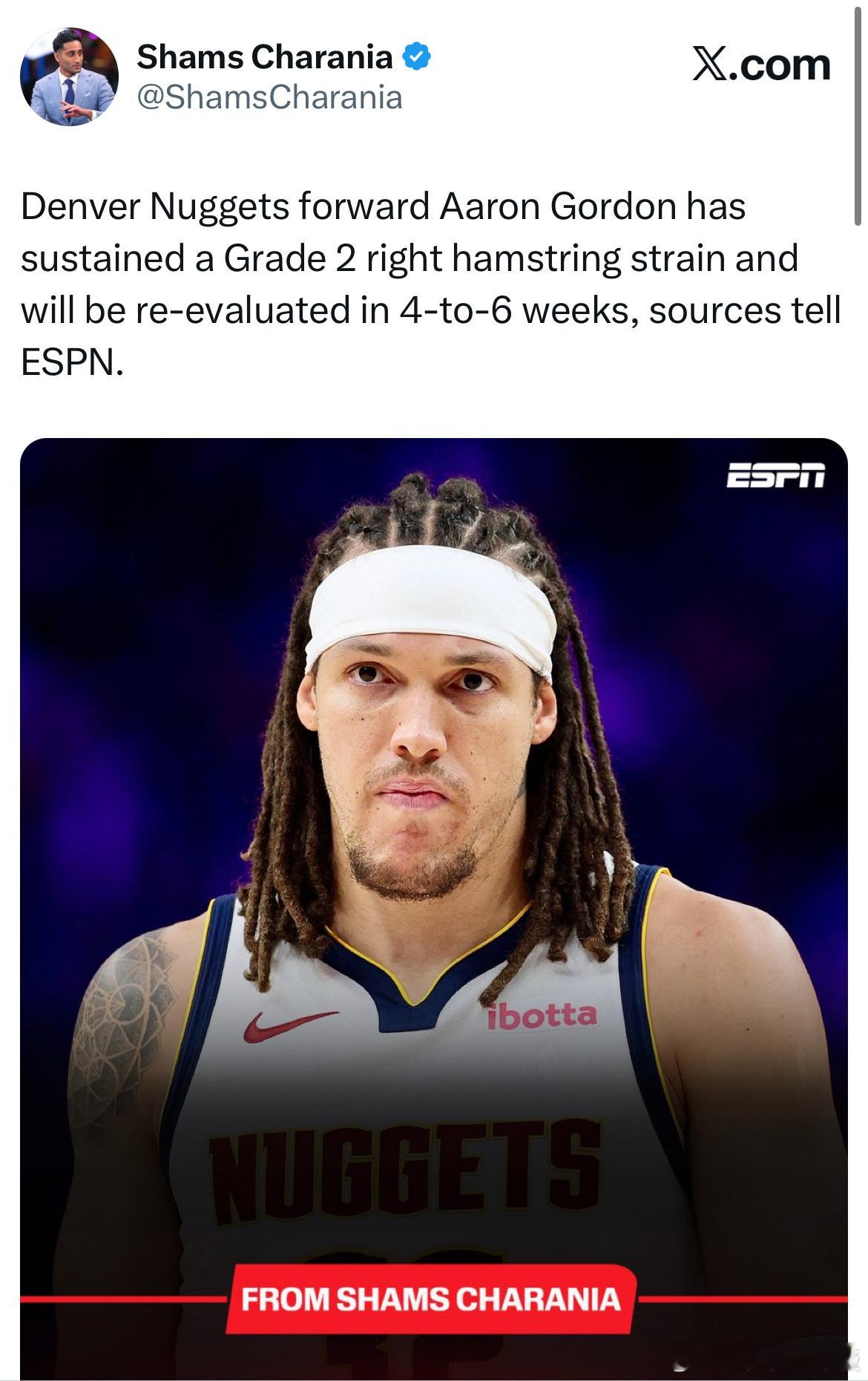 Shams：戈登右腿筋二级拉伤，将在4-6后重新接受评估。 