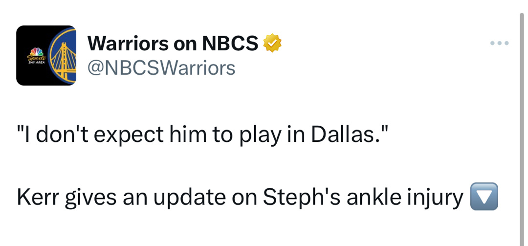 科尔更新库里伤情：我认为库里不会出战达拉斯[苦涩]#金州勇士[超话]##勇士vs